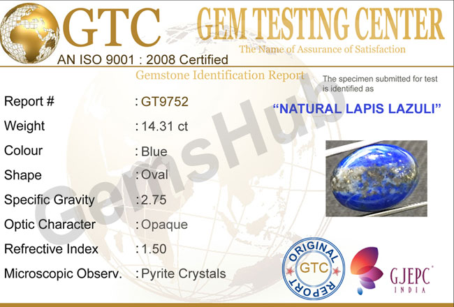 14.31 ct Natural Certified Lapis Lazuli (Lajwart)